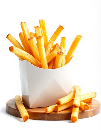 French fries in a white box on a white background. Isolated