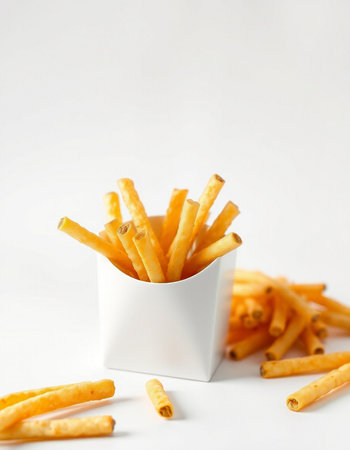 French fries in a white cup on a white background. Selective focus.