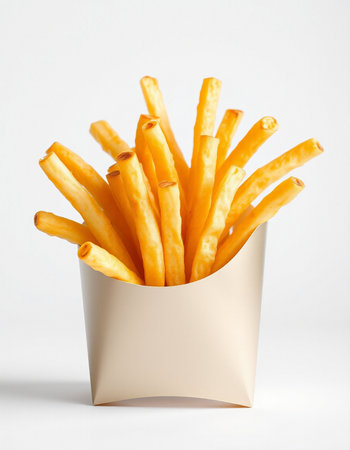 French fries in a paper box on a white background. Fast food.