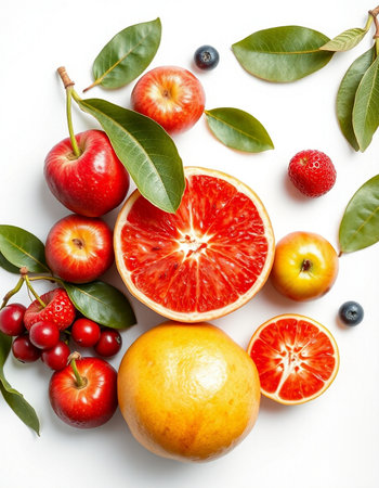 Fruits and berries on a white background. Top view, flat layの写真素材