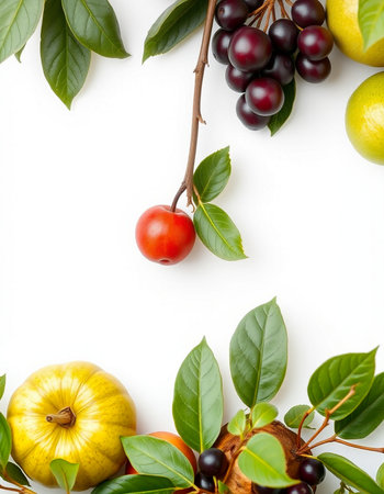 Flat lay composition with fresh fruits and leaves on white background.の写真素材