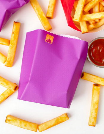 French fries in paper bag with ketchup on white background, top viewの写真素材