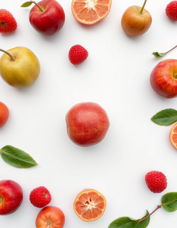 Fruits and berries on white background. Flat lay, top viewの写真素材