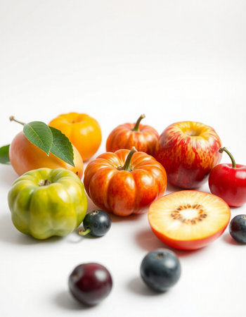 Fruits and vegetables on a white background. Tomatoes, plumscots.の写真素材