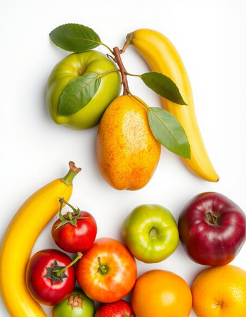Fresh fruits and vegetables isolated on white background. Healthy food concept.の写真素材