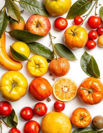 Fruits and vegetables on white background. Flat lay, top viewの写真素材