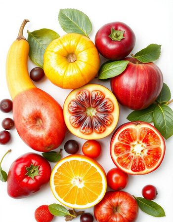 Fruits and vegetables isolated on white background. Healthy food concept.