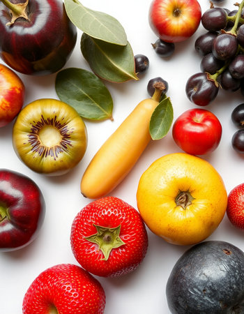 Fruits and vegetables on a white background. Flat lay, top viewの写真素材