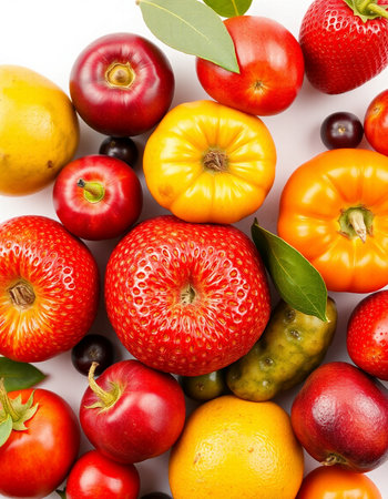 Fruits and vegetables isolated on white background. Top view. Flat lay.