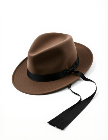 Brown hat with black ribbon isolated on white background. Top view.の写真素材