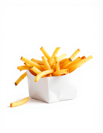 French fries in a white box on a white background. Isolated
