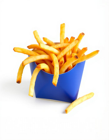 French fries in a blue box on a white background. Isolated