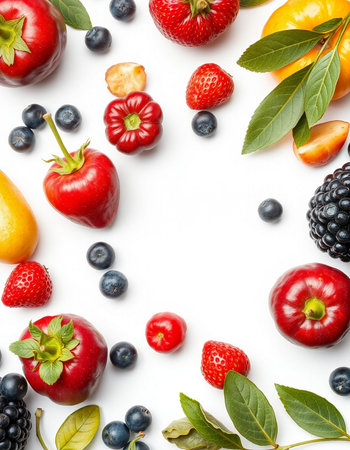 Flat lay composition with fresh berries on white background, top view