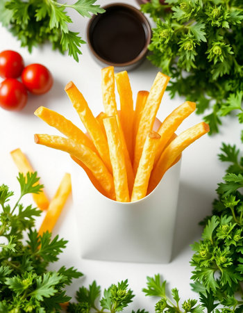 French fries in a white bowl with parsley on a white background