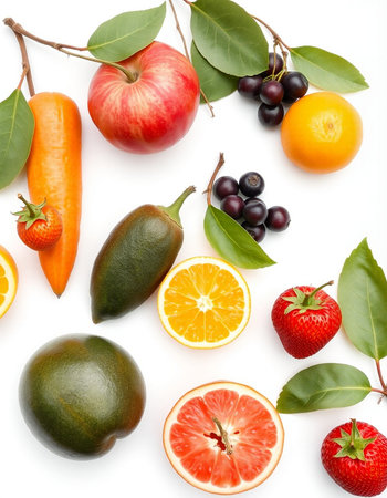Fruits and vegetables isolated on white background. Top view. Flat lay patternの写真素材