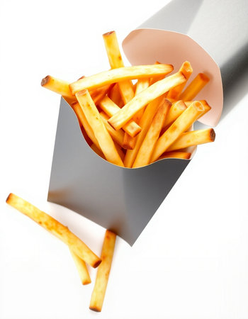 French fries in paper box isolated on white background. Selective focus.