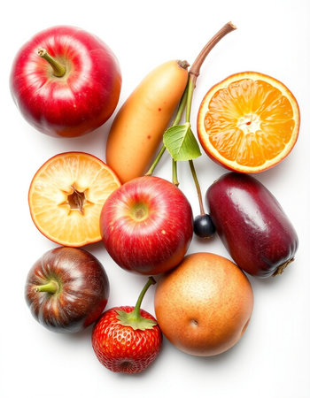 Fresh fruits isolated on white background. Healthy food. Top view.の写真素材
