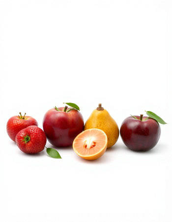 Fruits isolated on white background. Ripe red apples, pears and strawberries.の写真素材