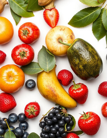 Fruits and berries isolated on white background. Flat lay, top viewの写真素材