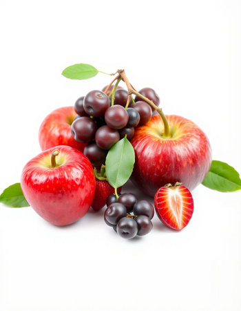 Fruits and berries isolated on white background. Ripe red apples, blackberries, cherries and green leaves.の写真素材