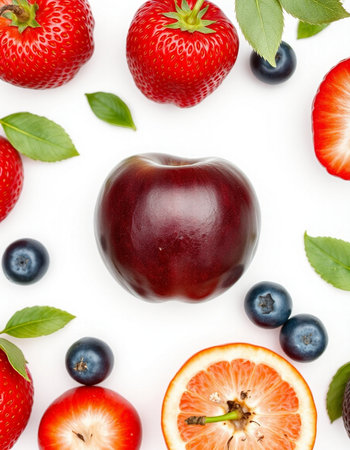 Fresh strawberries, blueberries and cherries on a white background.の写真素材