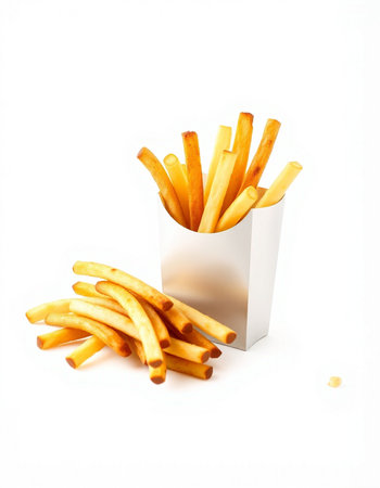 French fries in a paper box on a white background. Isolated