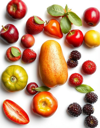 Fruits and berries on white background. Flat lay, top viewの写真素材