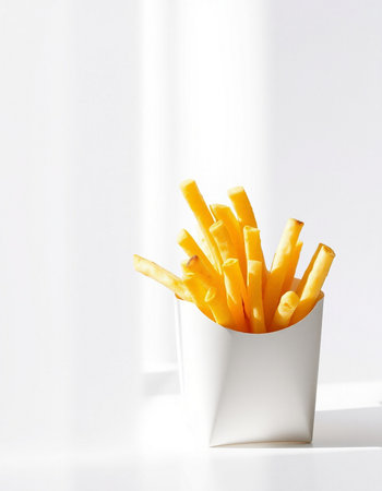French fries in a white paper cup on a white background with shadowの写真素材