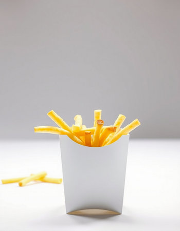 Golden French fries in a white box on a white background, shallow depth of field