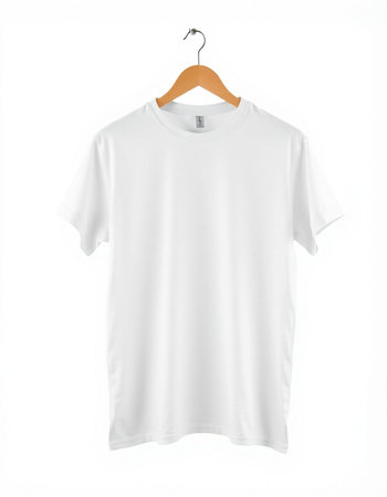 White t-shirt on wooden hanger isolated on white background.の写真素材