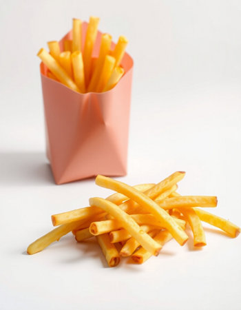 French fries in a pink box on a white background. Selective focus.の写真素材