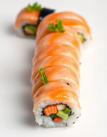 Sushi roll with salmon, cucumber and cream cheese on a white background