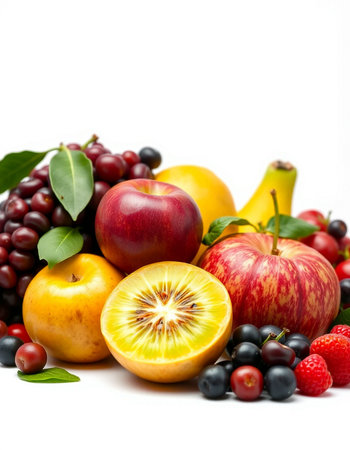 Assortment of fresh fruits isolated on white background. Healthy food concept.