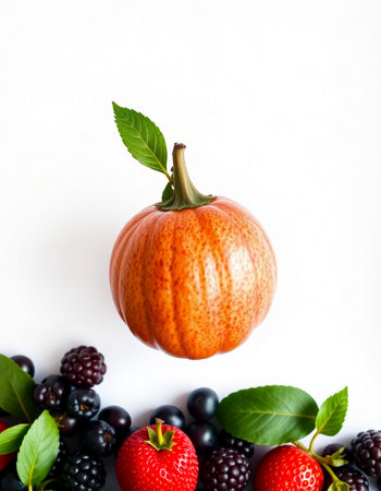 Pumpkin with berries on a white background. Top view.の写真素材