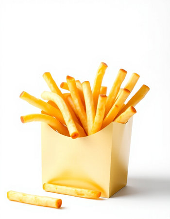 French fries in a yellow box on a white background. Fast food.