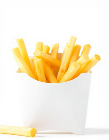 Golden French fries in a white box isolated on a white background.