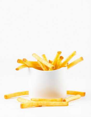 French fries in a white cup on a white background. Selective focus.