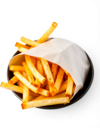 French fries in a paper bag on a white background. Isolated