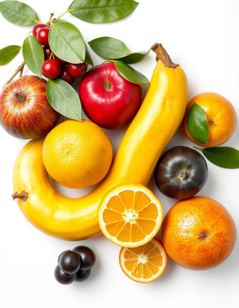 Fruits isolated on white background. Healthy food. Top view.