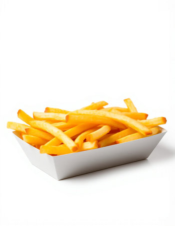 Golden French fries in a white box isolated on a white background.