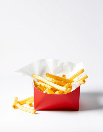 French fries in a red box on a white background, fast food