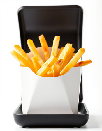 French fries in a paper box on a white background. Isolated