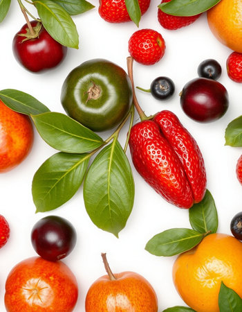 Fruits and berries isolated on white background. Top view. Flat lay pattern.