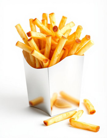 French fries in paper box on white background. Close up. Selective focus.