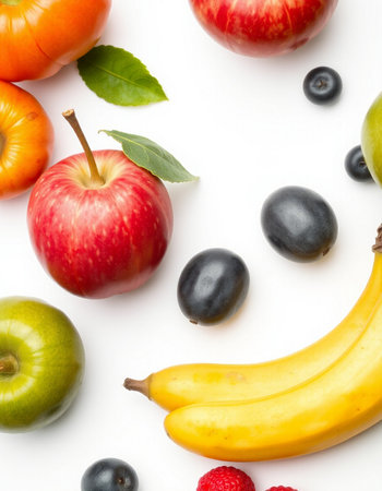 Fruits isolated on the white background. Top view. Flat lay.の写真素材
