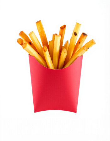French fries in red paper box isolated on white background, clipping path