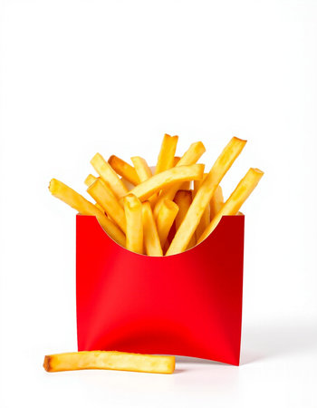 French fries in a red box on a white background. Isolatedの写真素材