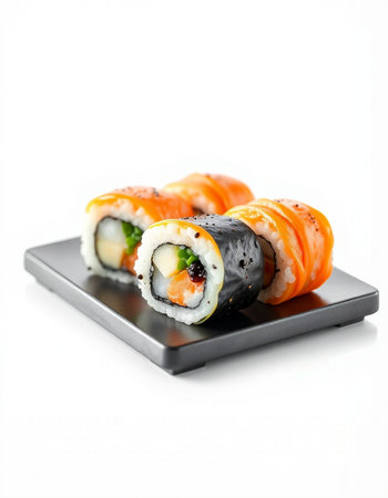 Sushi roll with salmon, cucumber and cream cheese on a white backgroundの写真素材