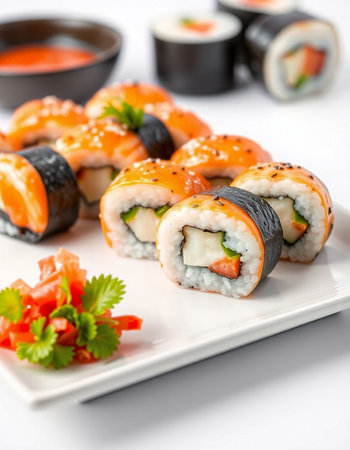 Sushi roll with salmon, avocado, cucumber, cream cheese and sauceの写真素材