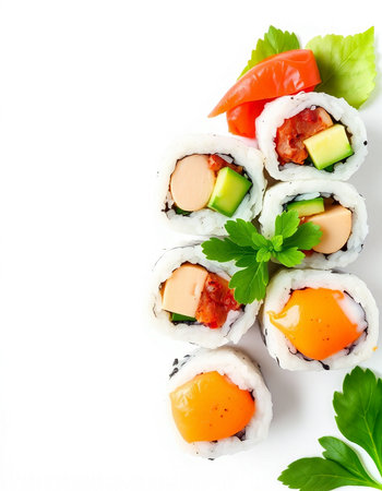 Sushi roll with salmon, avocado, cucumber and tomato on white backgroundの写真素材